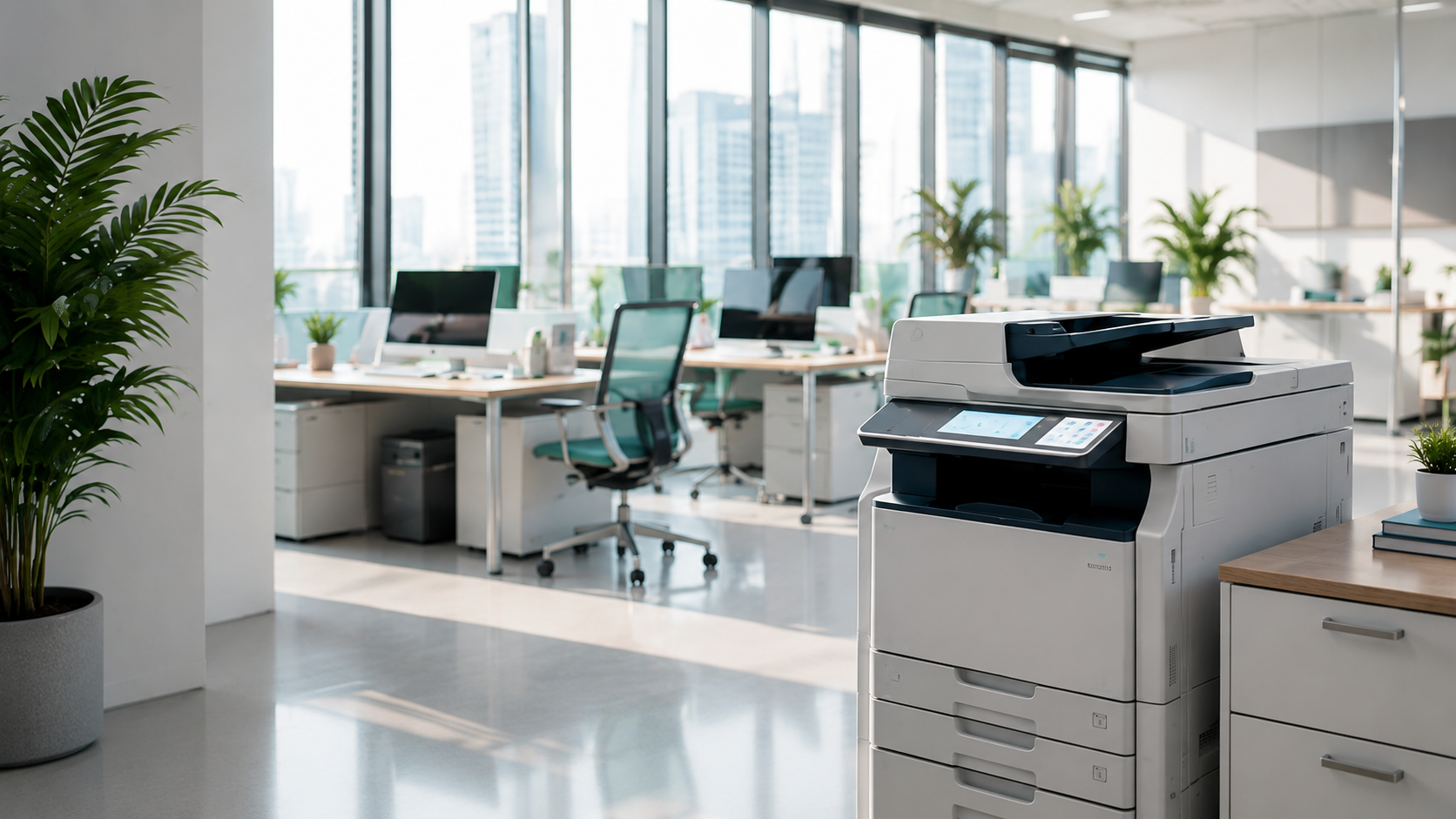 Modernes Büro mit Drucker und Arbeitsplätzen